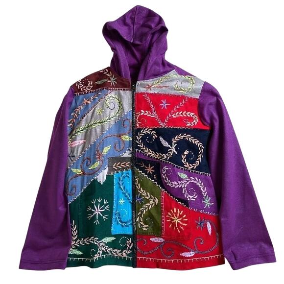 Rising Tide Womens Sz Large Hoodie jacket BOHO Wearable Art Bohemian Patchwork - Picture 2 of 11